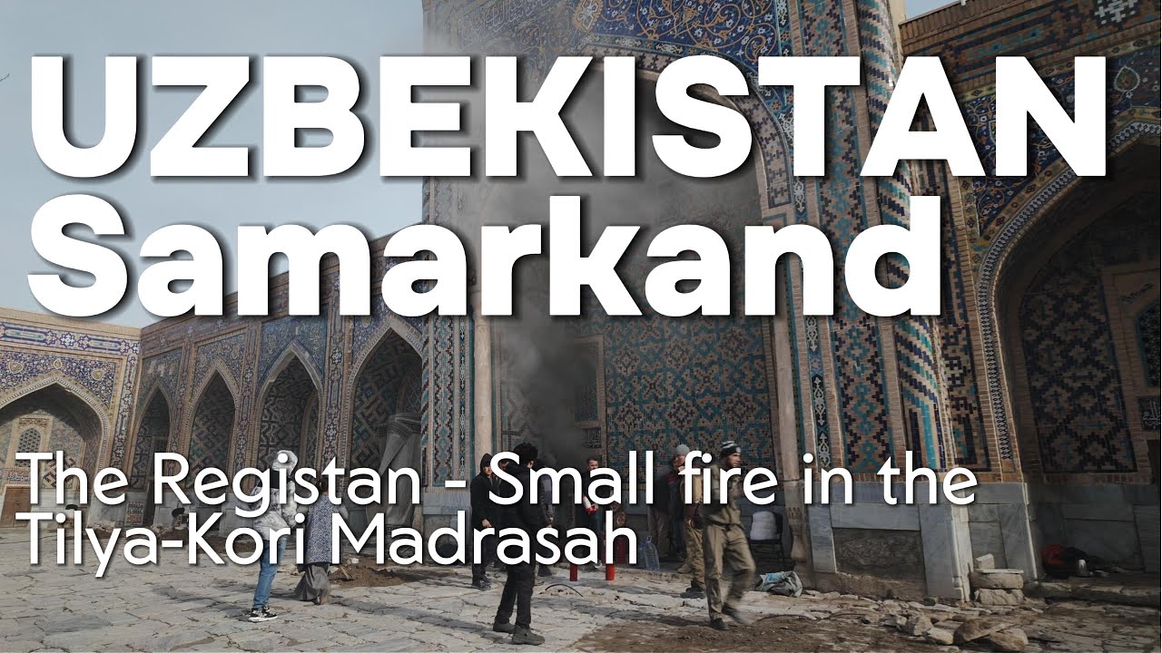Fire in the Registan in Samarkand, Uzbekistan