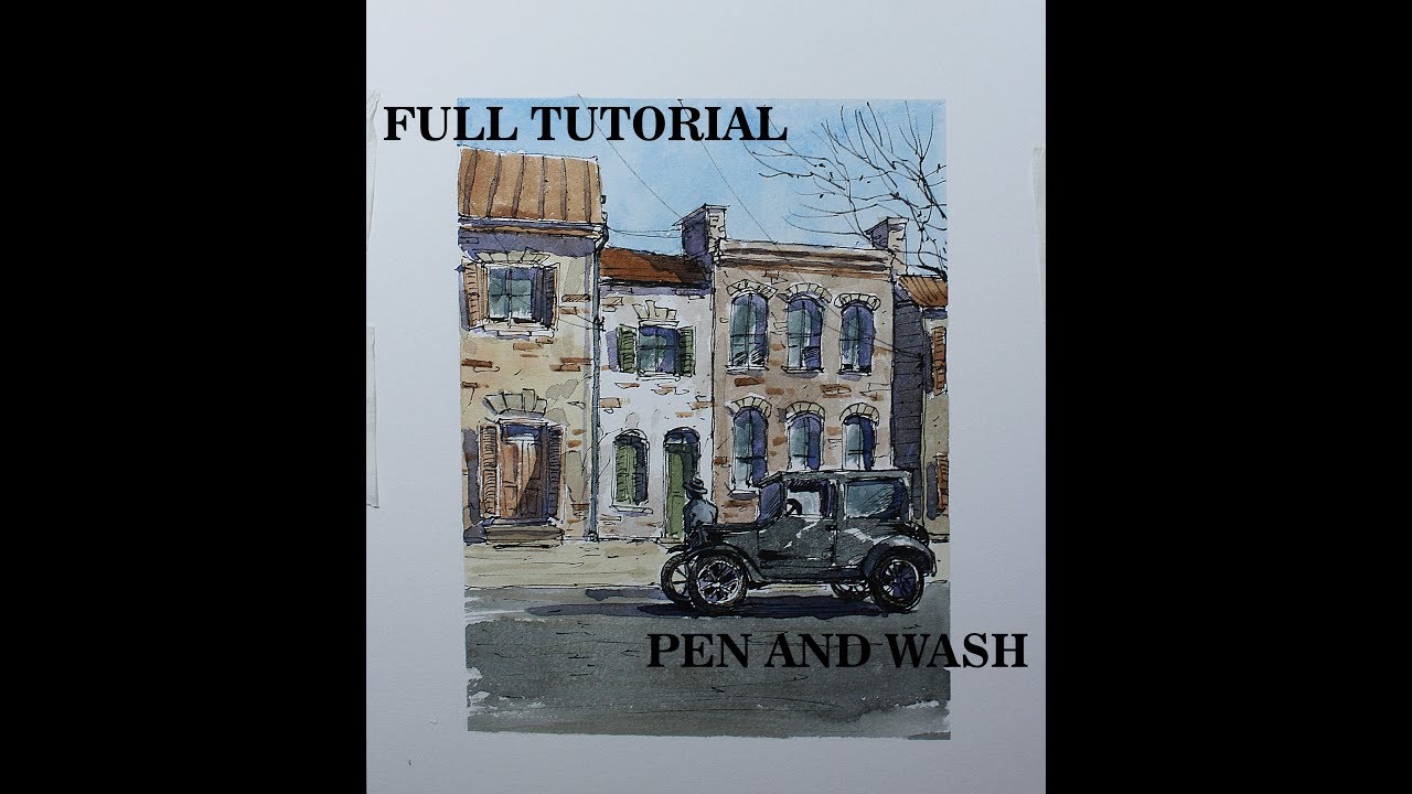 Pen and wash,sketch Ford Coupe at littles houses,urban sketch.Nil Rocha