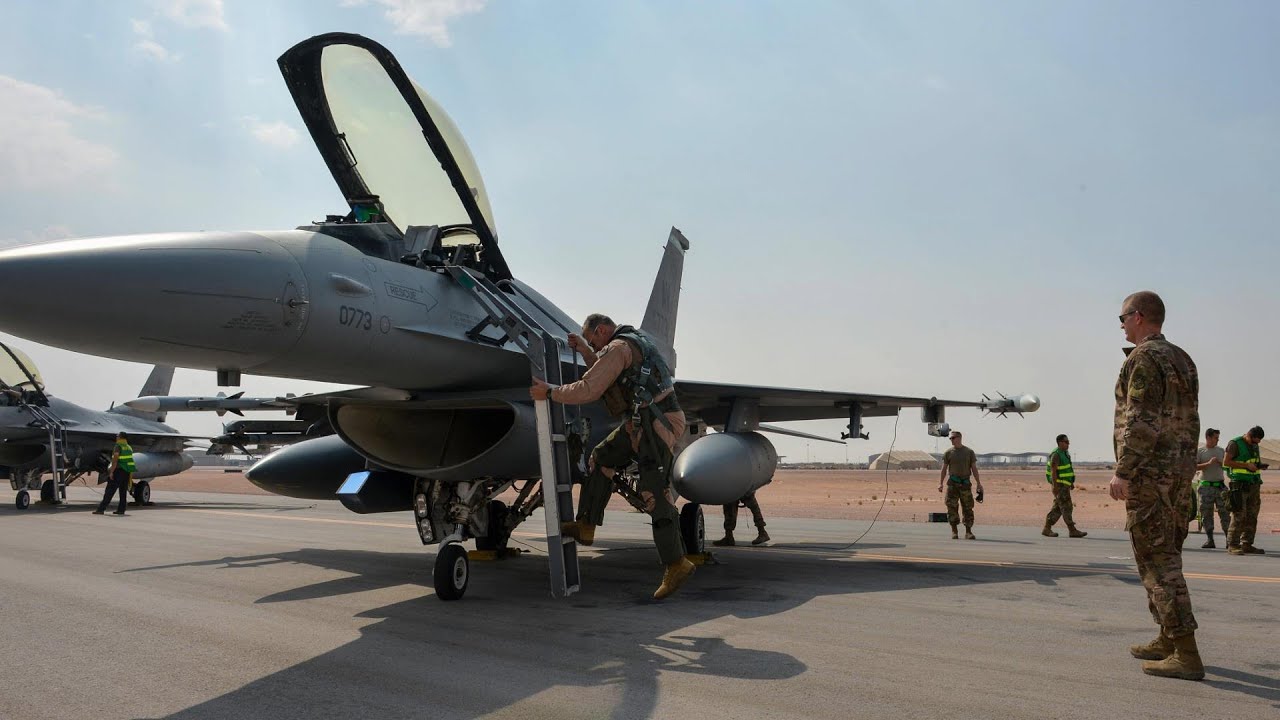 USAF F-16 Fighting Falcons take off from Prince Sultan Air Base, Kingdom of Saudi Arabia
