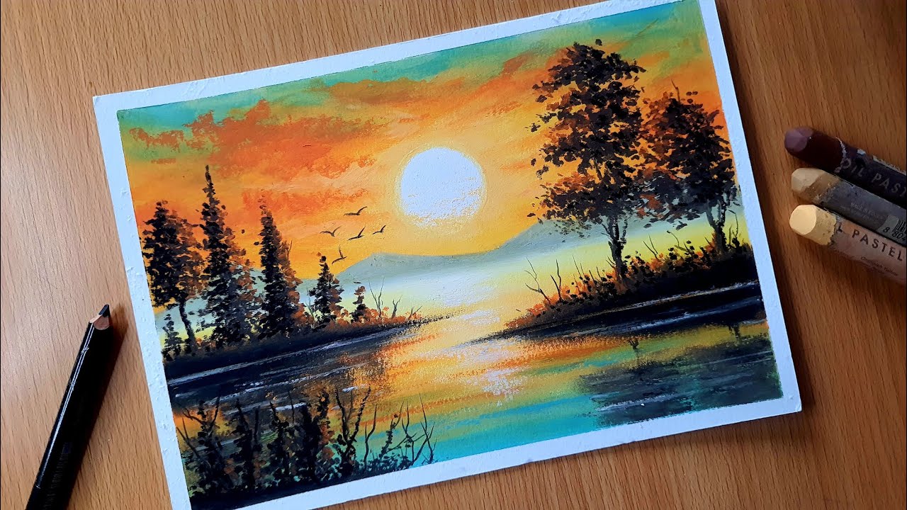 Oil Pastel Scenery Drawing for Beginners / PEACEFUL SUNSET / Oil Pastel Nature Landscape Drawing