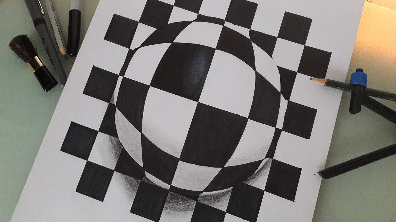 ⚽ Ilustración DIBUJO 3D 💠ilusión óptica ajedrez esfera