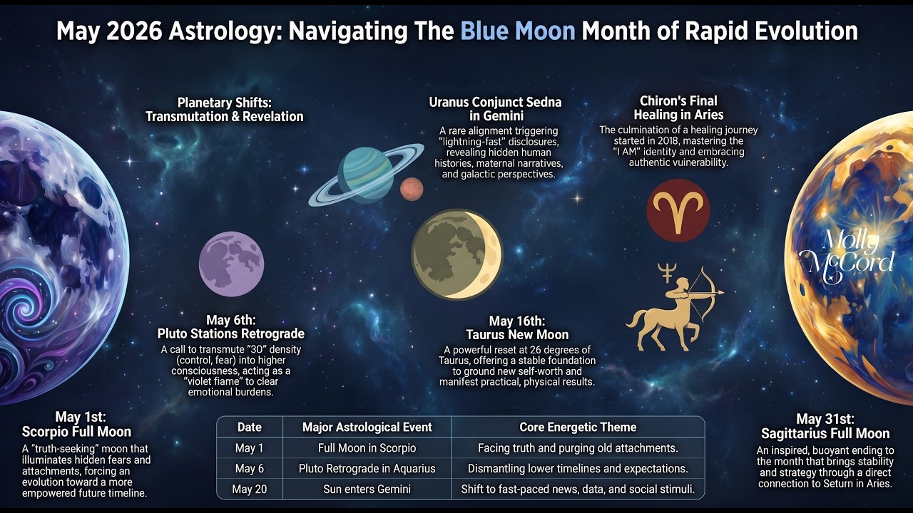 Major Astrology of May 2026 ~ Blue Moon Month, Uranus conj Sedna, Chiron last degrees Aries