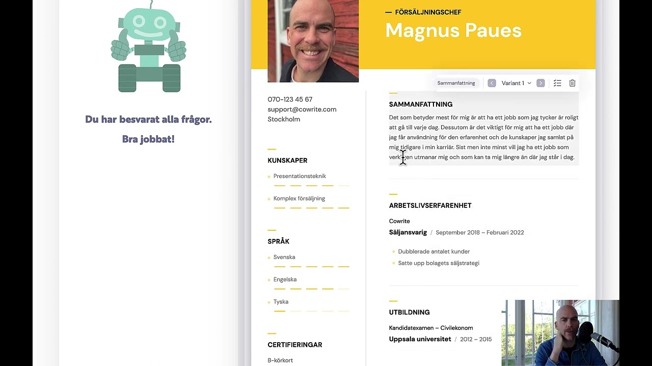 Skapa CV i Cowrite