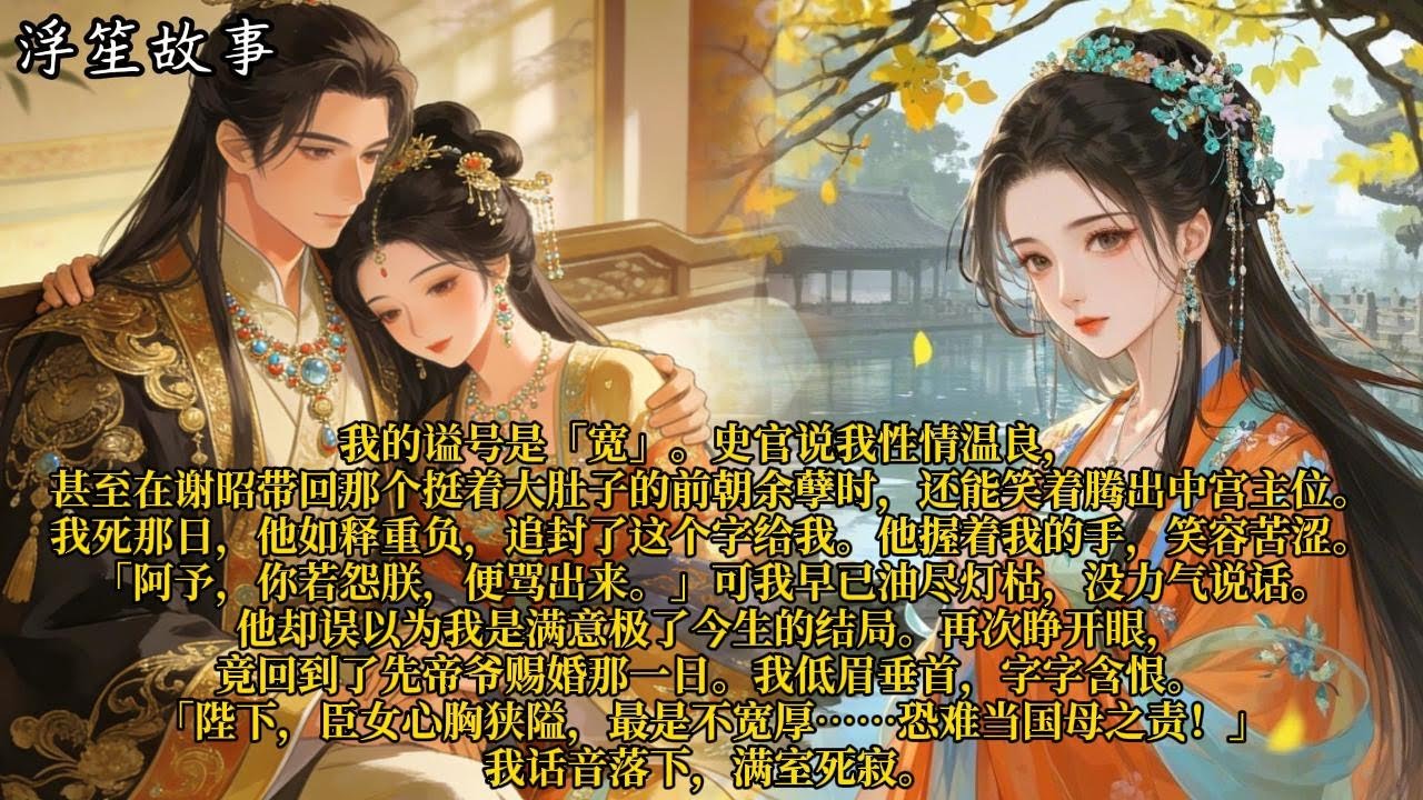我的谥号是「宽」。史官说我性情温良，甚至在谢昭带回那个挺着大肚子的前朝余孽时，还能笑着腾出中宫主位。#重生 #大女主 #复仇 #宫廷 #夺权 #古风 #小说