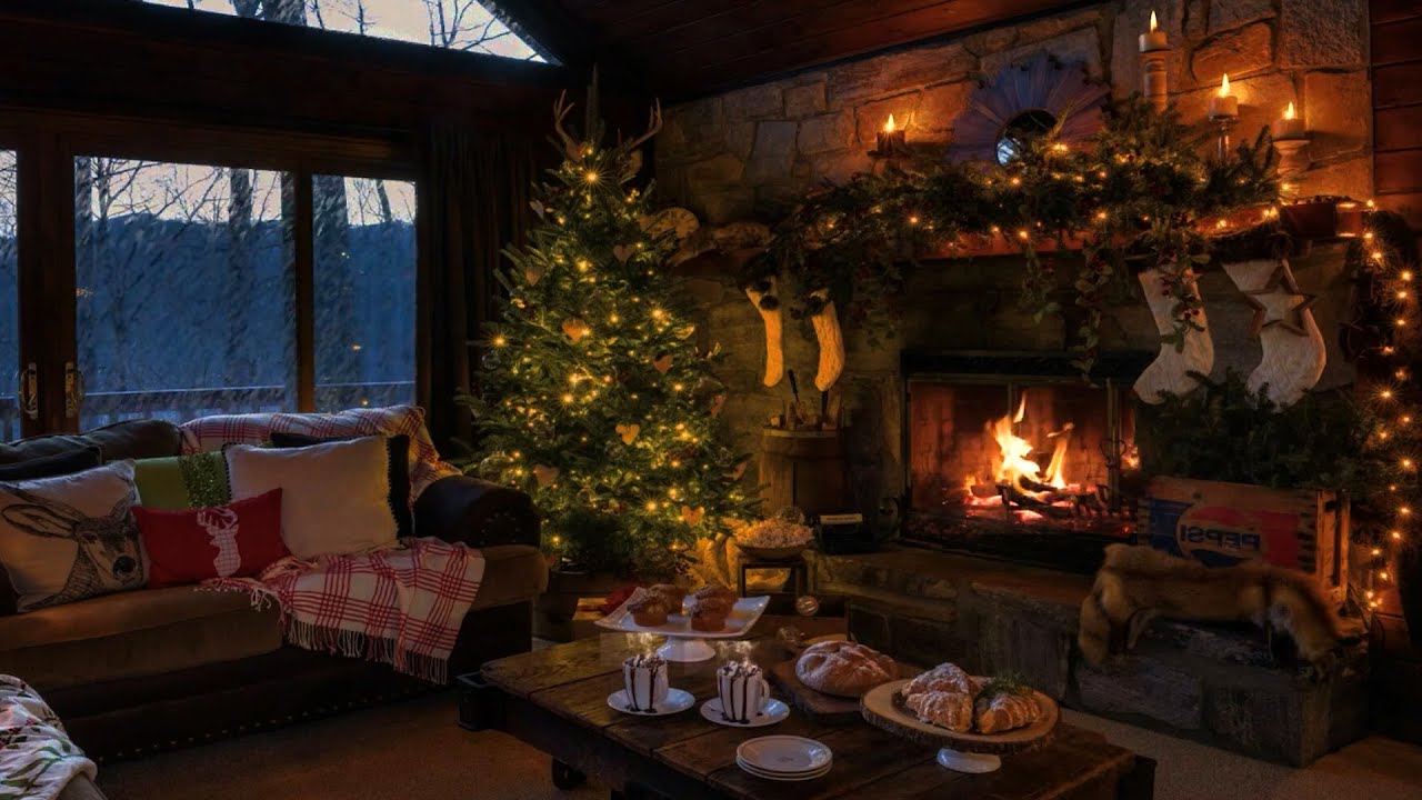 Cozy Christmas Cabin Ambience with Crackling Fireplace & Blizzard Sounds For Sleep, Study, Relax 🎅🎄