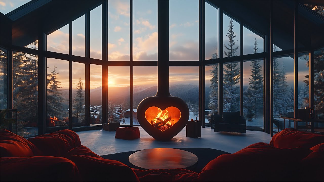 A Cozy Heart Shaped Fireplace From A Serene Cabin❄️Snowfall Winter Ambience & Crackling Fireplace