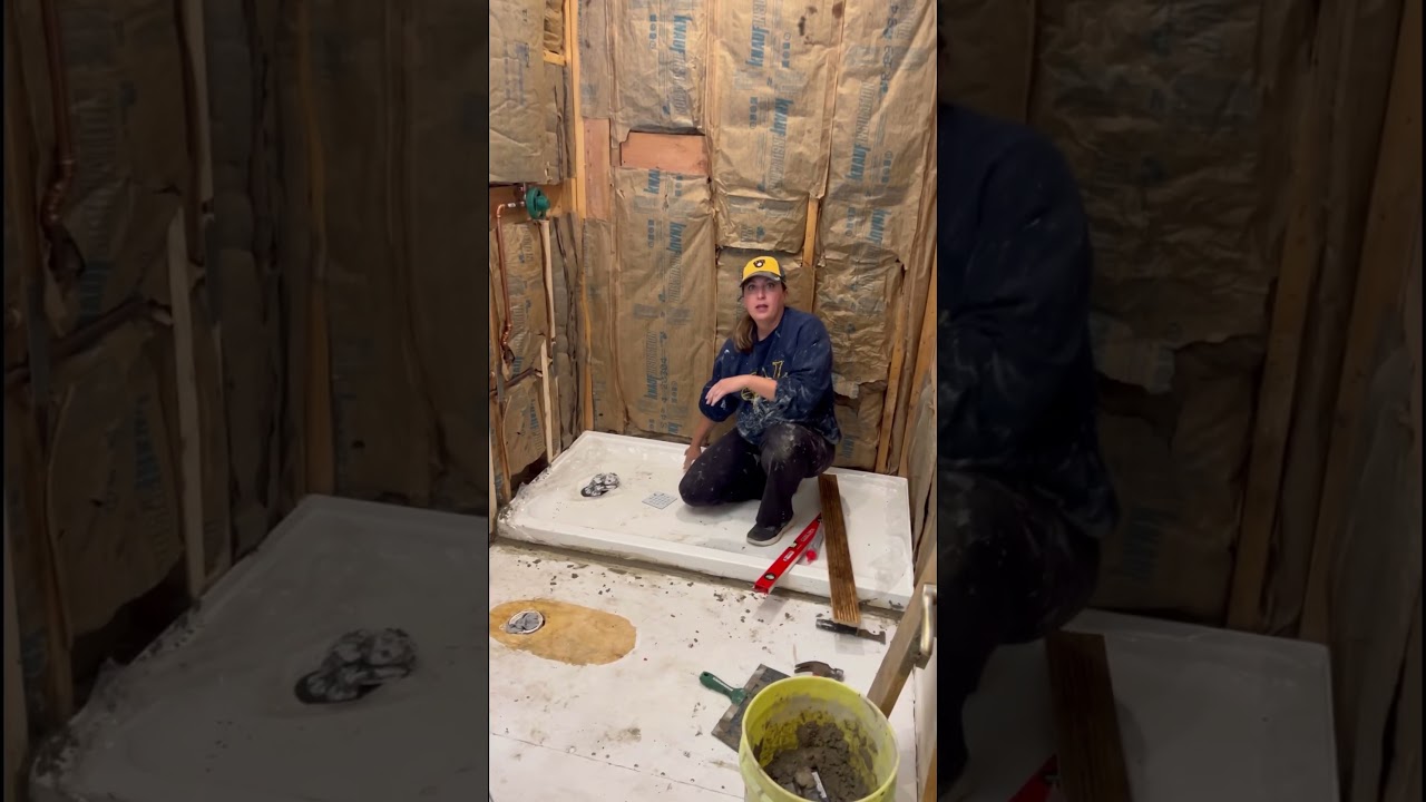 First time, setting a shower pan in mortar. It&rsquo;s level now! #diy #shower