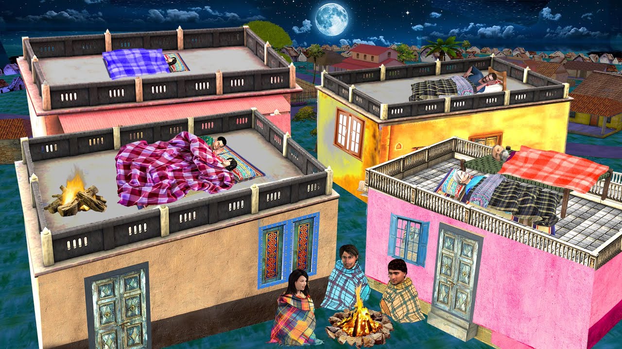 Village Sleeping on Roof in Winter Challenge Hindi Kahani Hindi Moral Stories New Funny Comedy Video