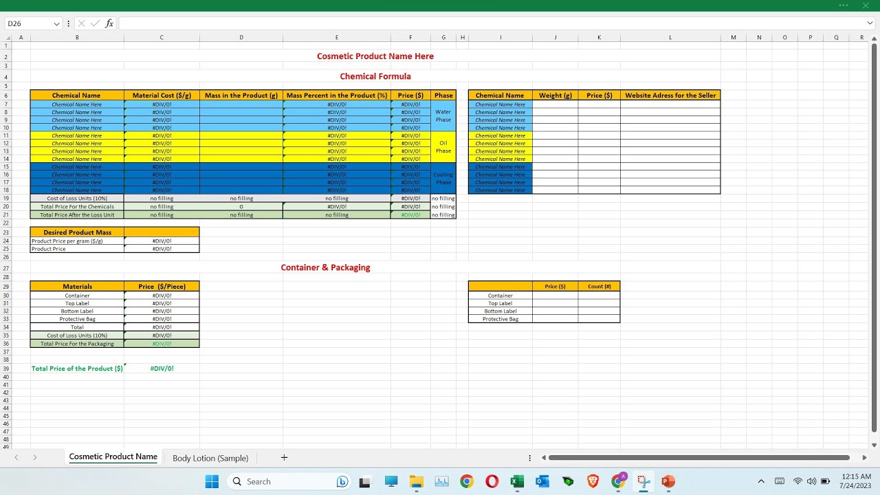 Cosmetic Product Formulation on Excel