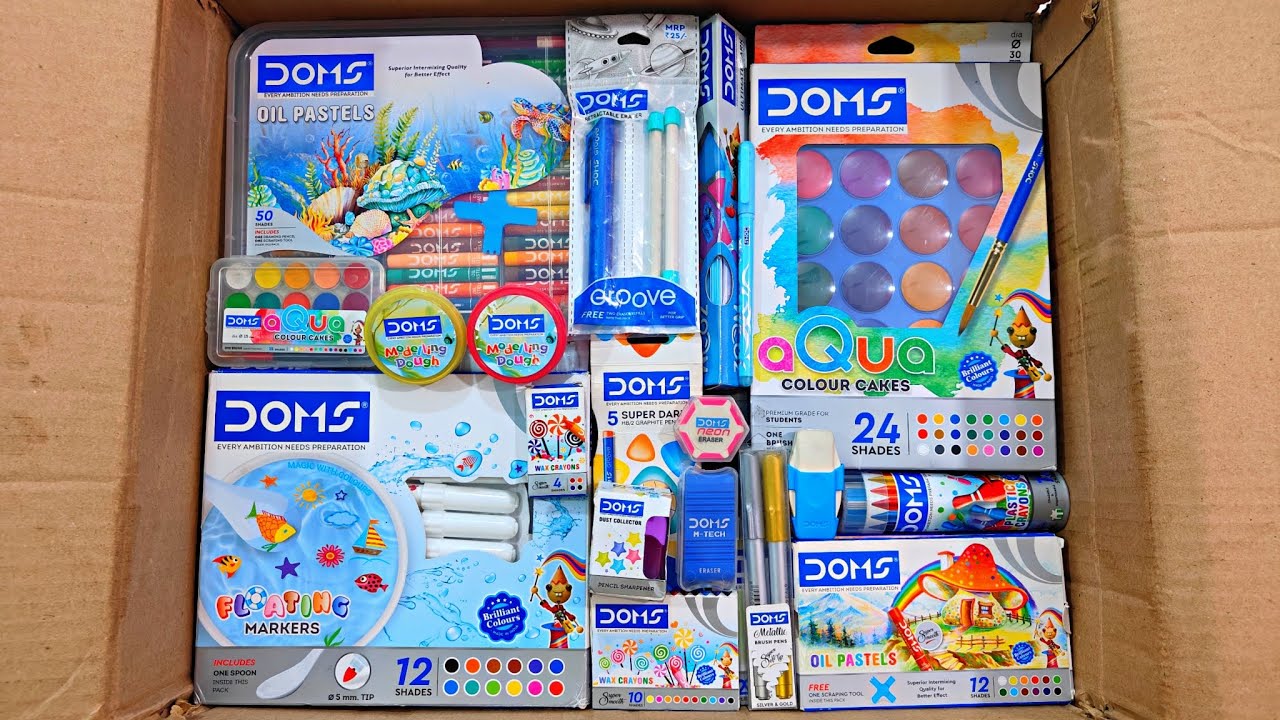 Unboxing DOMS Stationery 📚, Floating Marker, Water Colour, Oil Pastel, Eraser, Plastic Crayons, Pen