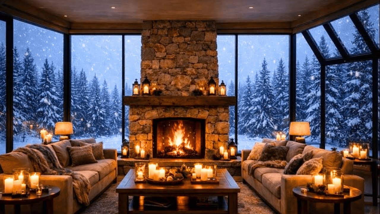 Cozy Winter Fireplace ❄️ Soft Music & Fireplace Sounds | Snowy Forest Cabin