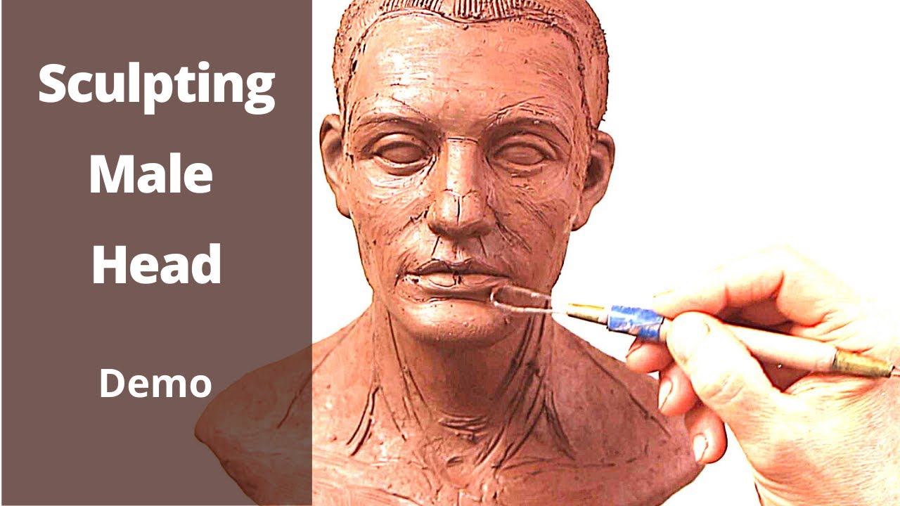 Sculpting male head in clay. Instructional sculpting demo.