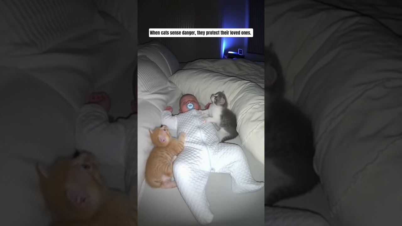 When cats sense danger, they protect their loved ones. #cat #baby #horror #shorts #catvideos