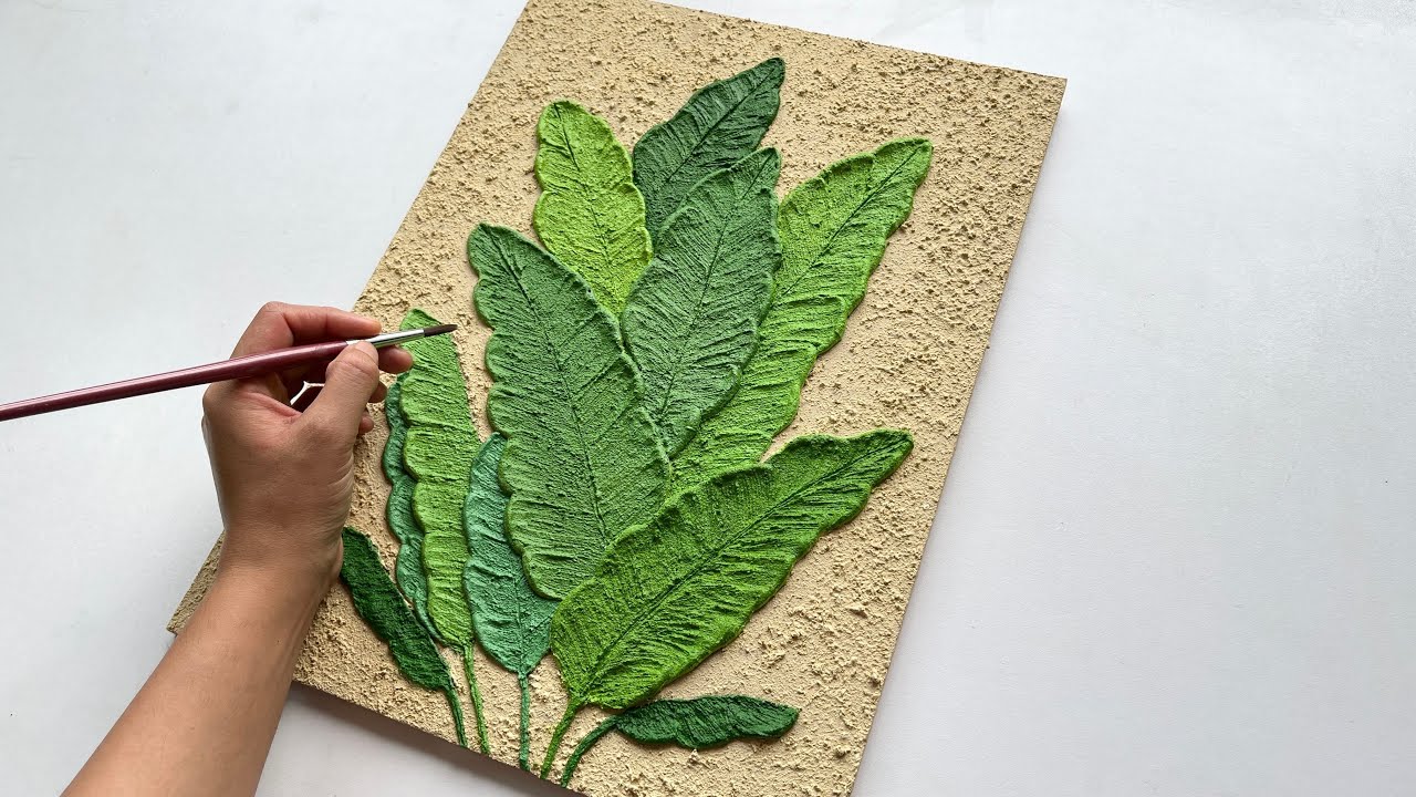 Green banana leaves 3D Texture Painting On Wooden Board | DIY Wall Art Decor | Vanoushe Art Tutorial
