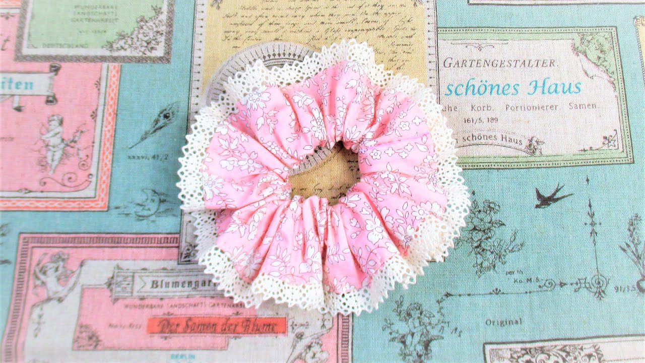 シュシュの作り方　手縫いで作ってみた　how to make a scrunchie hand sew　DIY Scrunchie Tutorial　トーションレース縁取りシュシュ