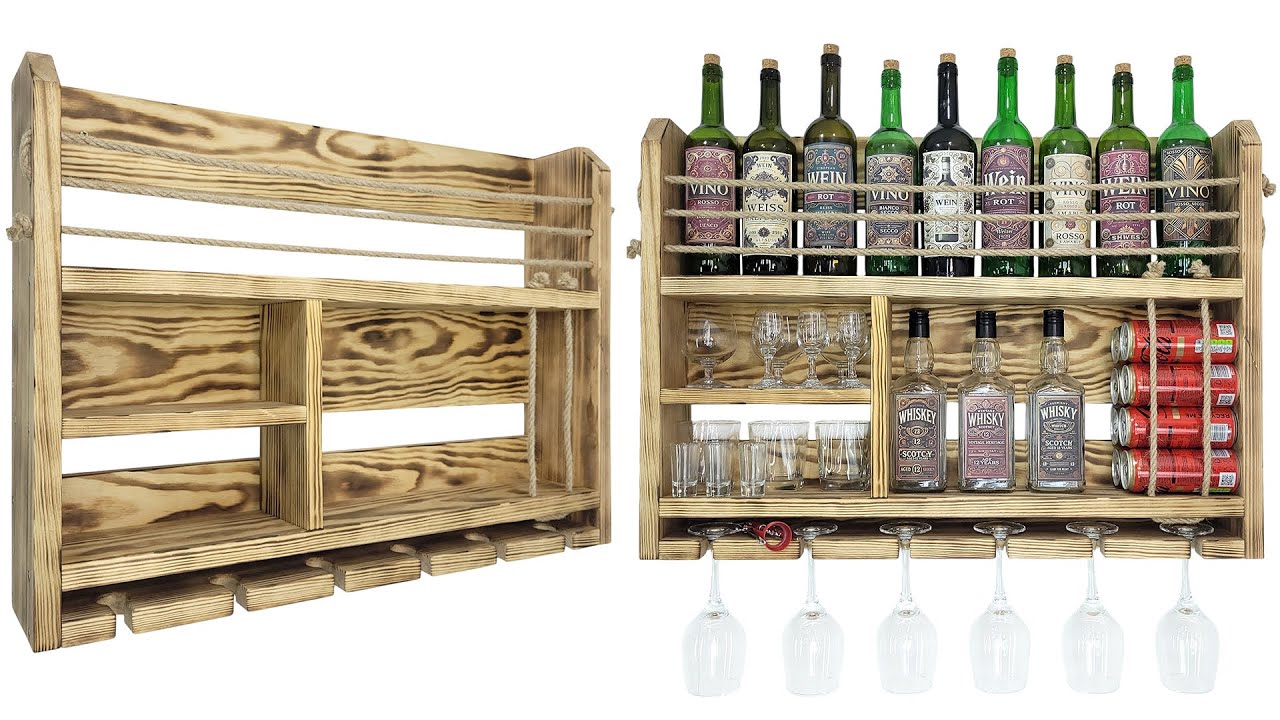 Créez votre bar mural ! Étagère à vin en bois pour bouteilles et verres