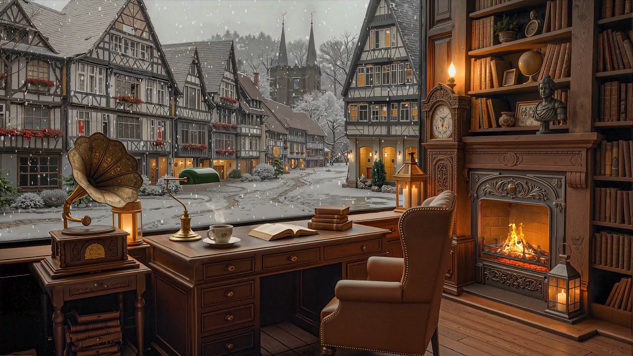 Cozy Winter Jazz in a Snowy Wooden Library | Relaxing Jazz Ambience with Fireplace for Focus & Calm