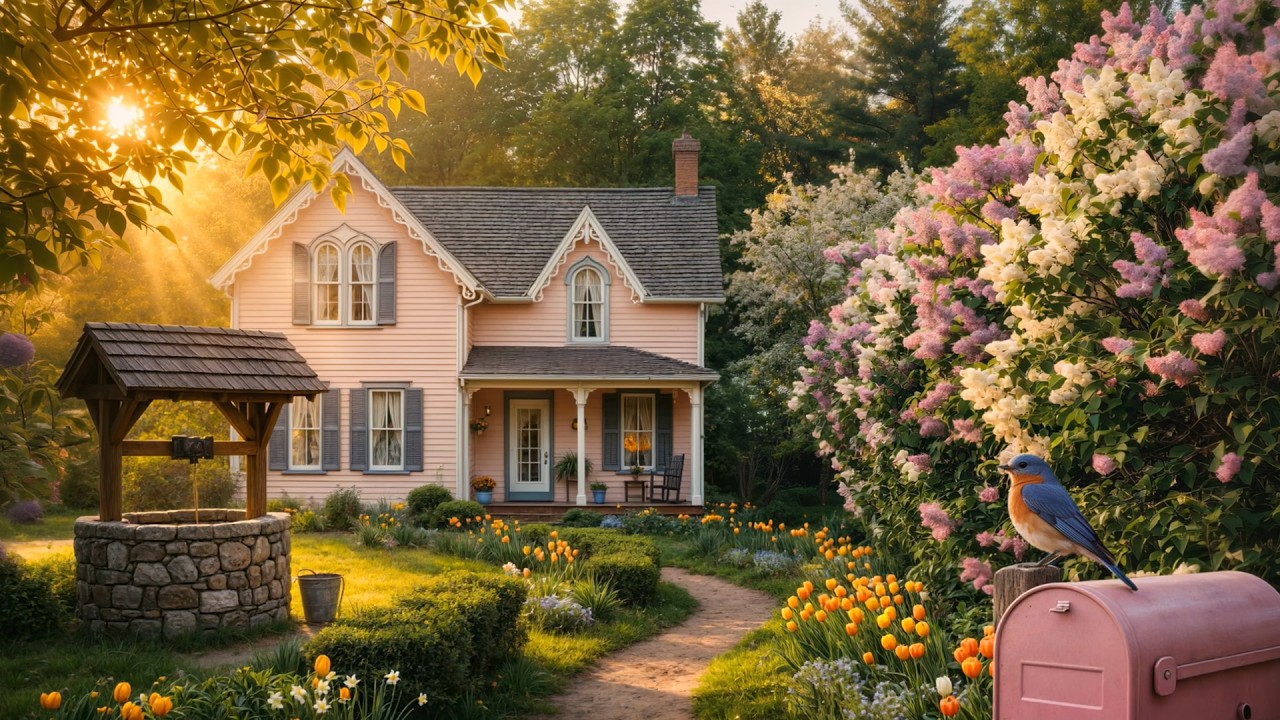 4K 🌸 Cozy Spring Cottage Garden with Soft Sunlight, Blooming Trees and Peaceful Morning Calm 🐦🌿