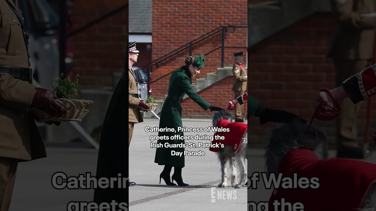 Catherine, Princess of Wales greets officers during the Irish Guards' St. Patrick's Day Parade.