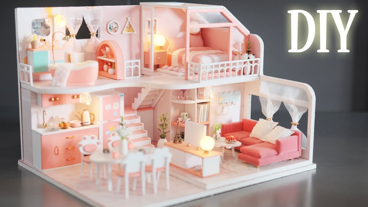 DIY Miniature Dollhouse Kit || Pinellia Time - Pink Apartment - Relaxing Satisfying Video