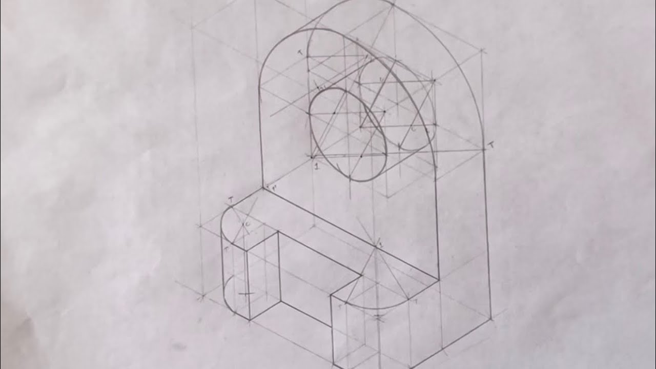 Isométrico de pieza con planos curvos y planos ocultos
