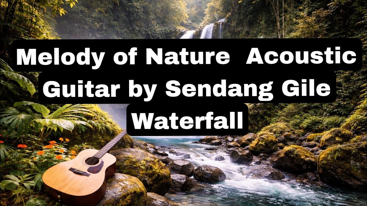 Melody of nature acoustic gitar by waterfall
