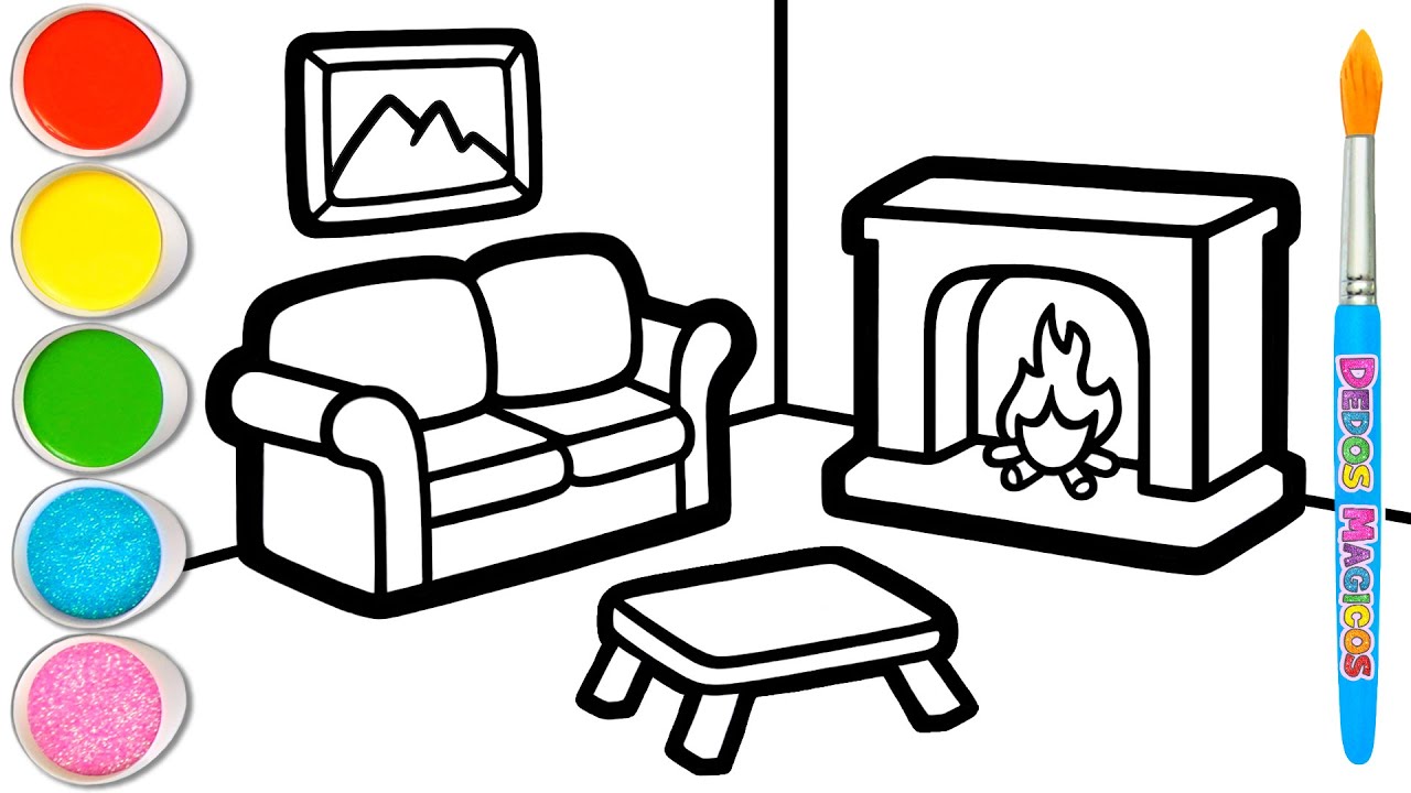 Dibujo Fácil de una Cómoda Sala de Estar con Chimenea ❤️🛋️❤️ Imágenes de Interiores 