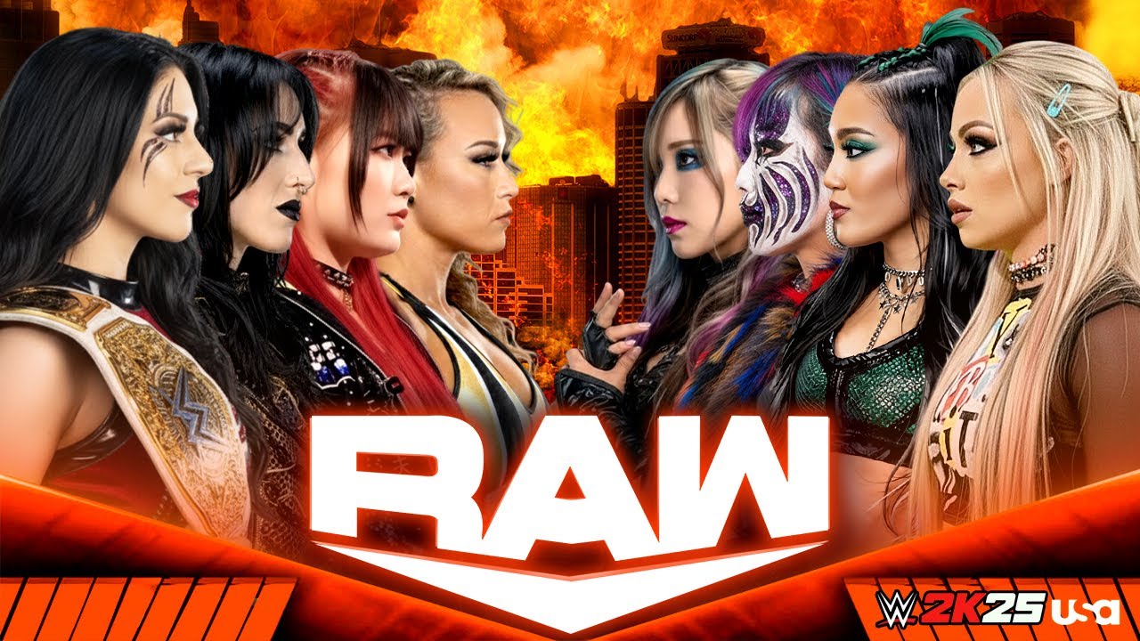 Rhea Ripley Stephanie Iyo Sky Jordynne vs Liv Morgan Roxanne Asuka Kairi Sane - WWE RAW 05/Feb/2026