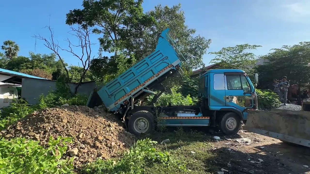 First Start a New Project! Landfill Deep Pond Using Dozer Pushing Stone Into Water with Dump Truck