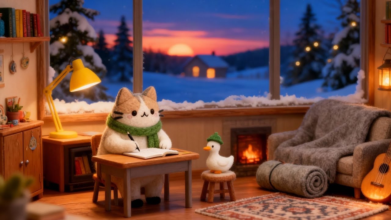 Cozy Winter Sunset Study Session with Mochi Cat's ❄️ Relaxing Jazz Lofi for Focus
