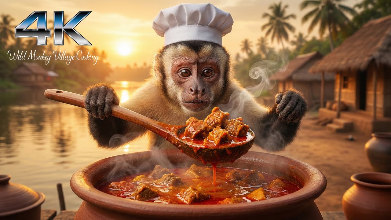 Monkey Chef Cooking Spicy Mutton Curry! 🍖 Amazing Village Life