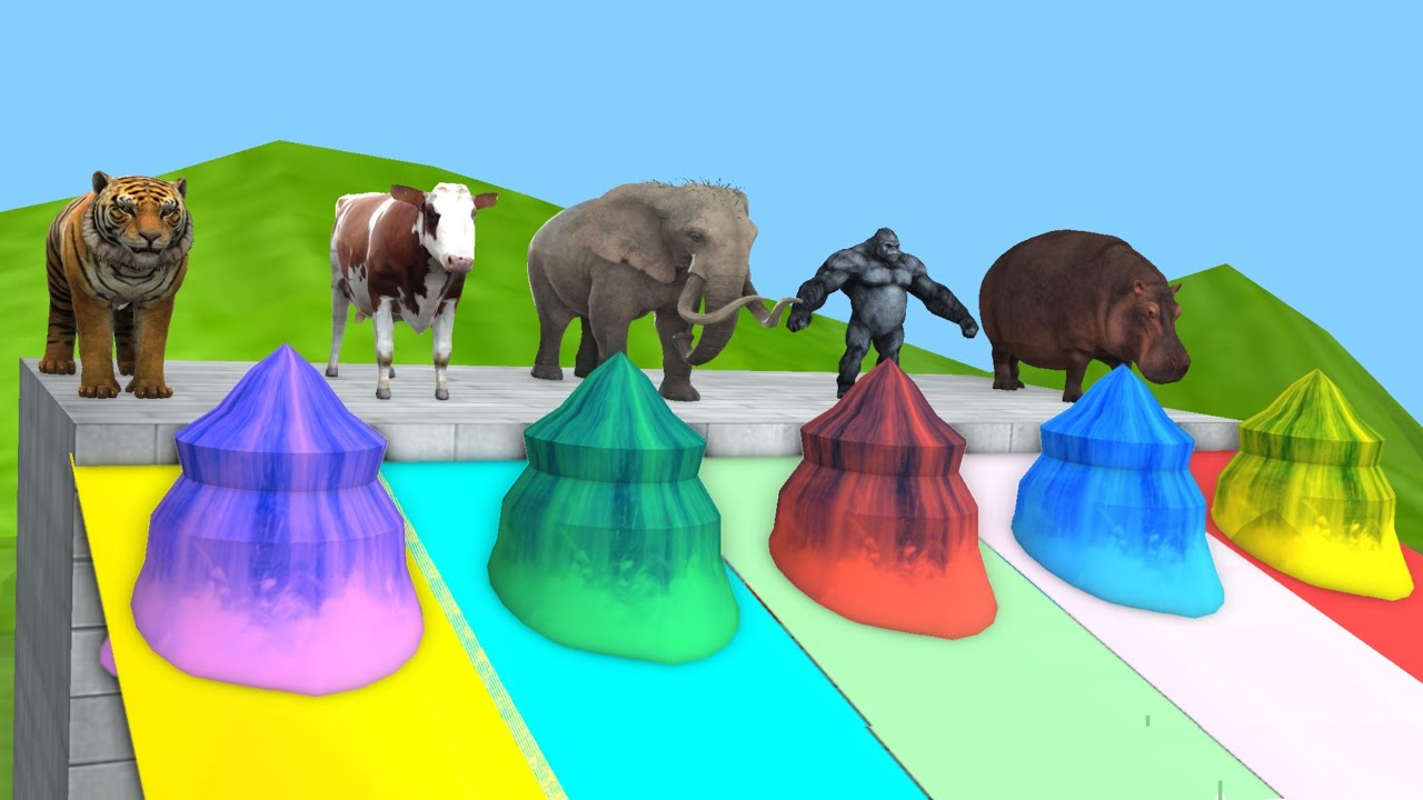Long Slide Game With Cow Elephant Gorilla Hippopotamus Tiger - 3d Animal Game - Funny 3d Animals