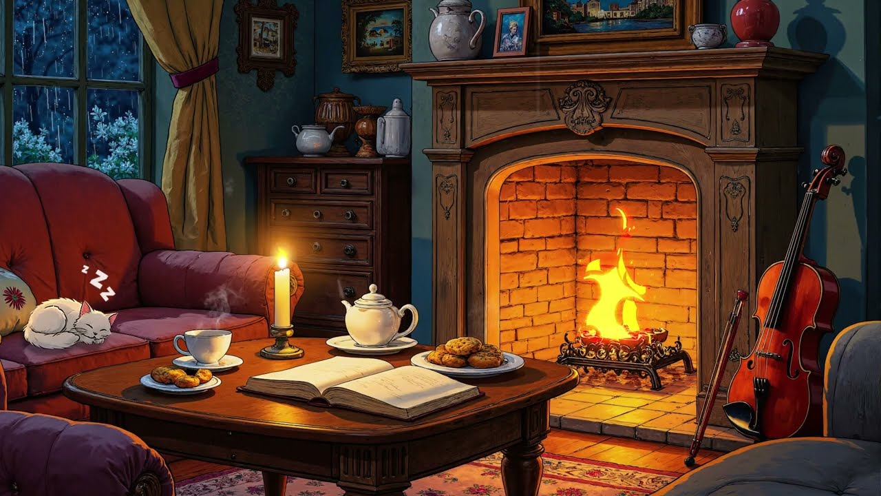 It's a cozy snowy night in a 1930s New York apartment, with oldies playing in another room