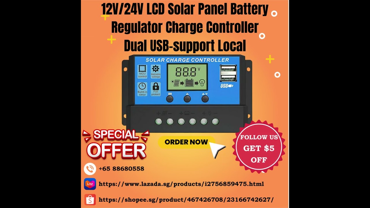 12V24V LCD Solar Panel Battery Regulator Charge Controller Dual USB support Local