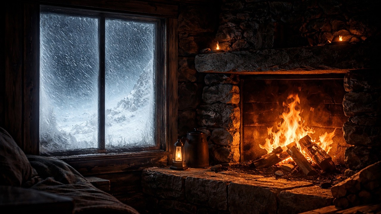 Alone in a Survival Cabin During a Whiteout Blizzard ❄️ Fireplace & Howling Wind for Sleep