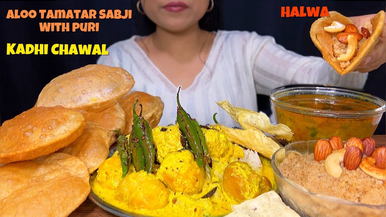 Eating Aloo Tamatar ki Sabji, Puri, Kadhi Chawal, Fried Chillies & Halwa | MUKBANG | ASMR |