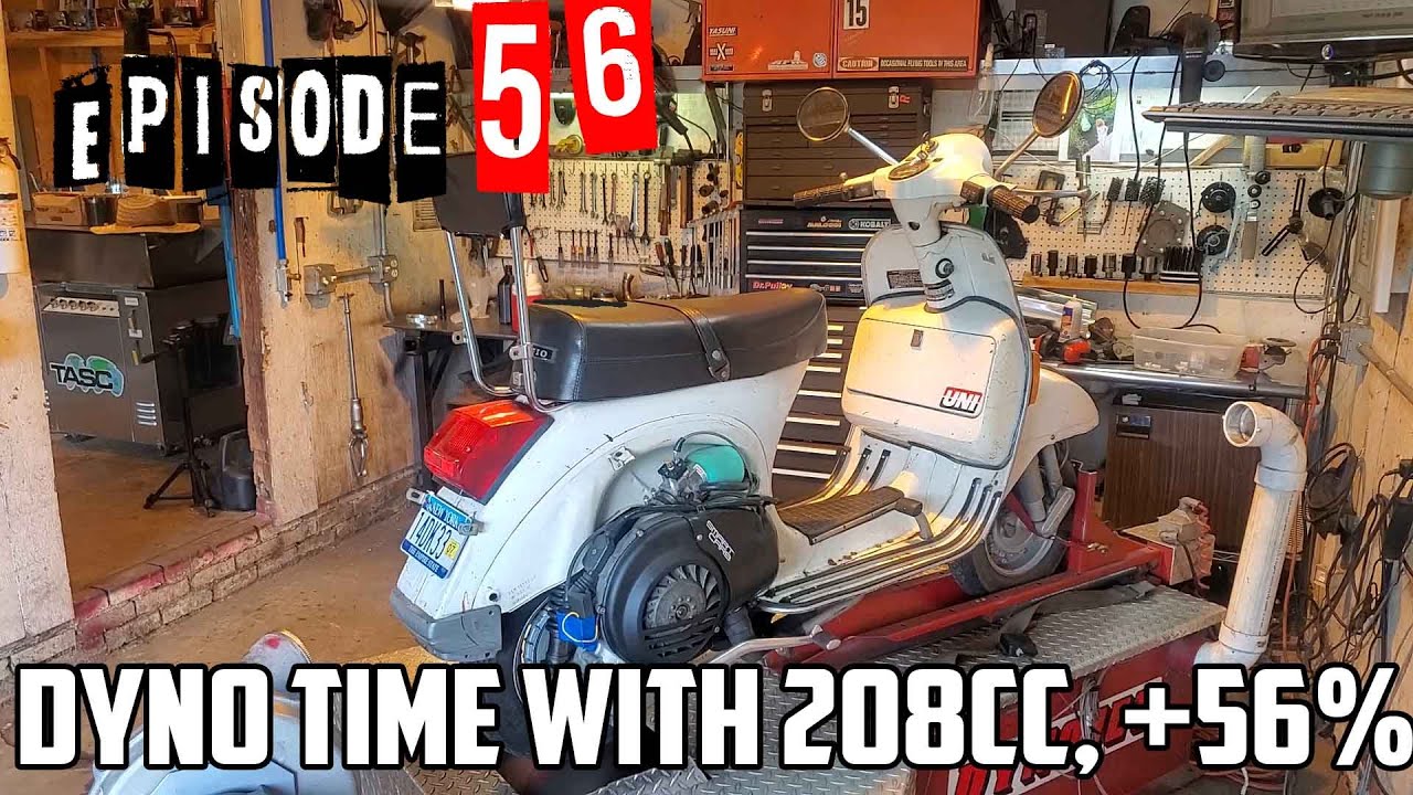 Vespa P200E with 208cc on stock cylinder, dyno session, power gains! - TST Ep. 56