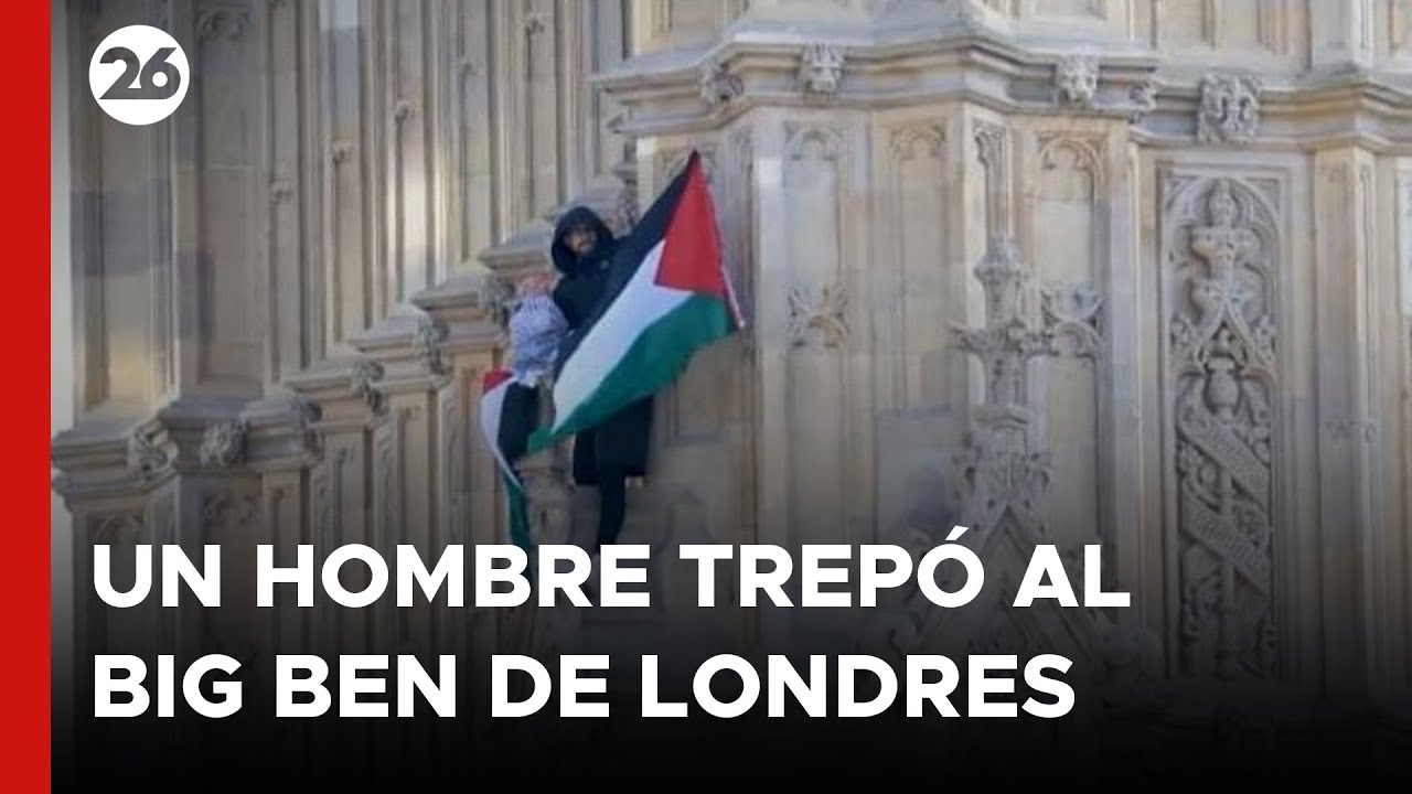 Un hombre trepó al Big Ben de Londres con una bandera de Palestina