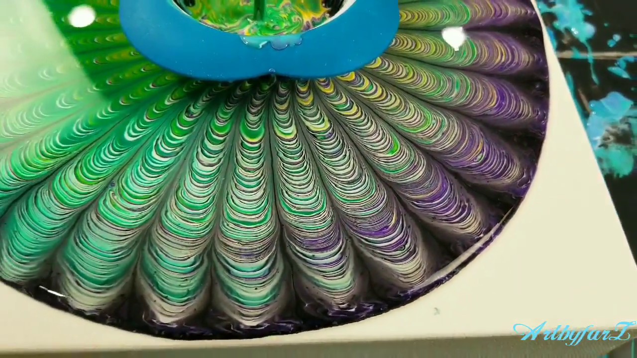 (40) Sink strainer pour on gessoed board with resin topcoat,  Peacock colors
