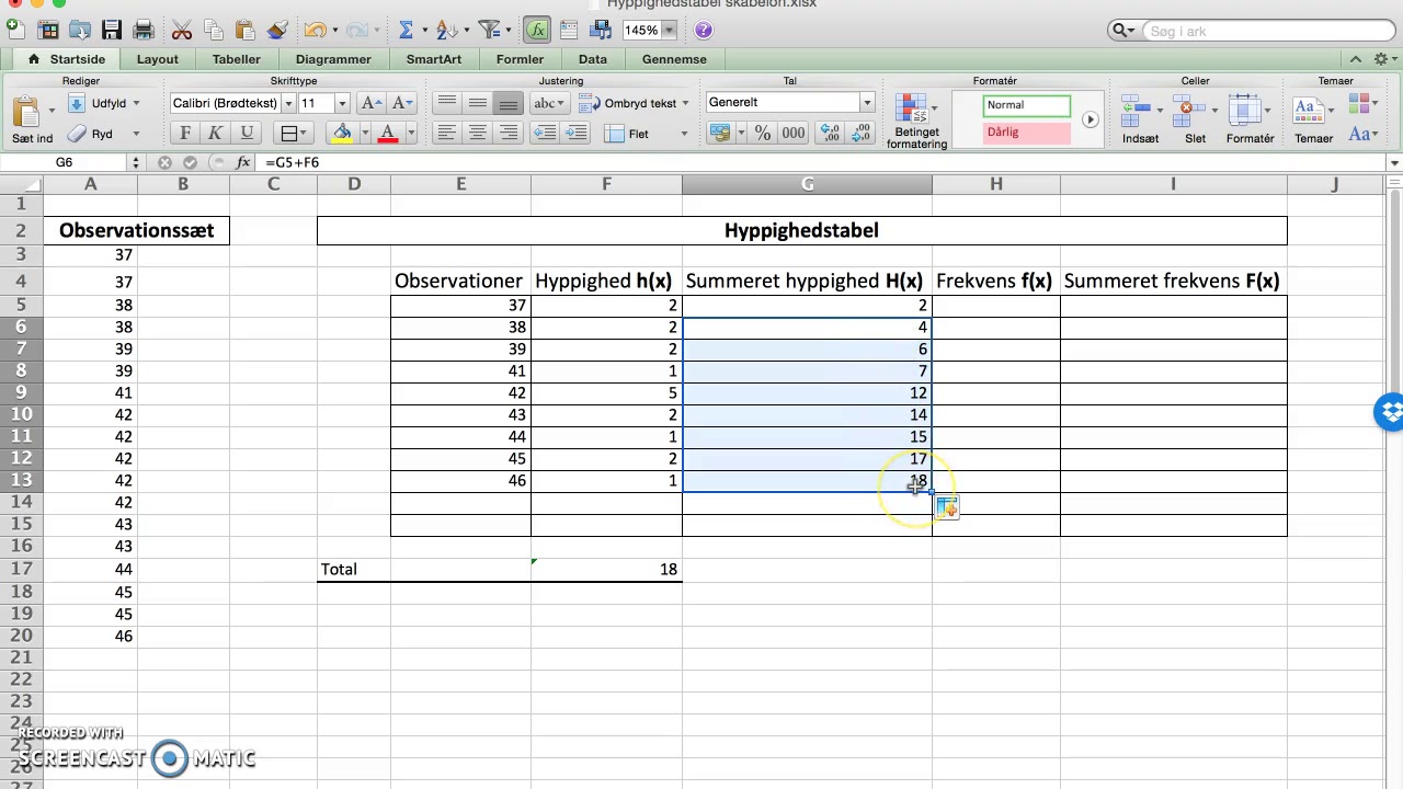 Statistik, Excel, Hyppighedstabel, sorter data