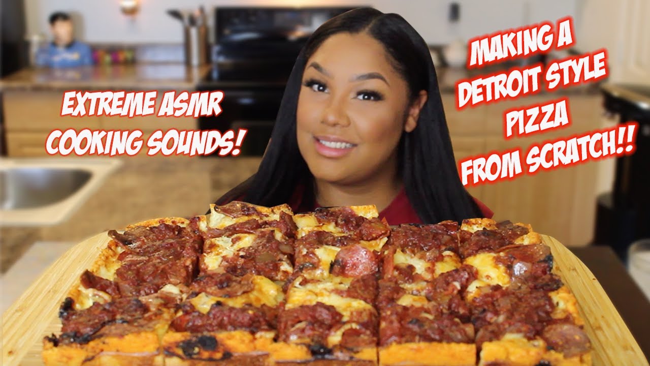MAKING A DETROIT STYLE PIZZA IN ASMR! RECIPE INCLUDED + MUKBANG