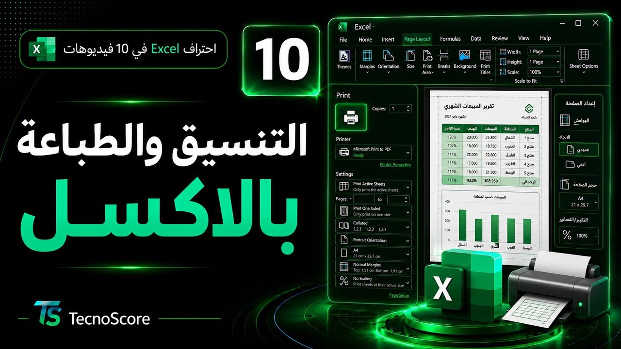 10 :- الطباعة بالاكسل وتحديد زوايا الطباعة من دورة احترف الاكسل بـ9 دروس قصيرة #اكسل #تكنوسكور