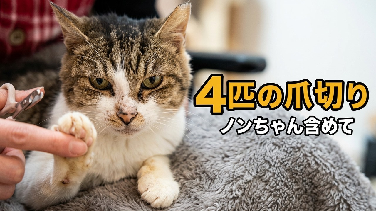 嫌そうな顔…でも頑張った！保護猫4匹の爪切り｜ノンちゃんも挑戦