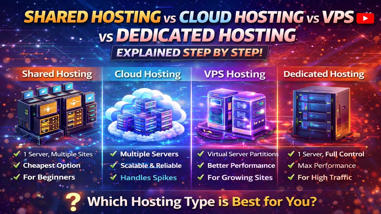 Shared Hosting vs Cloud Hosting vs VPS vs Dedicated Hosting | Hindi | What's The Difference?