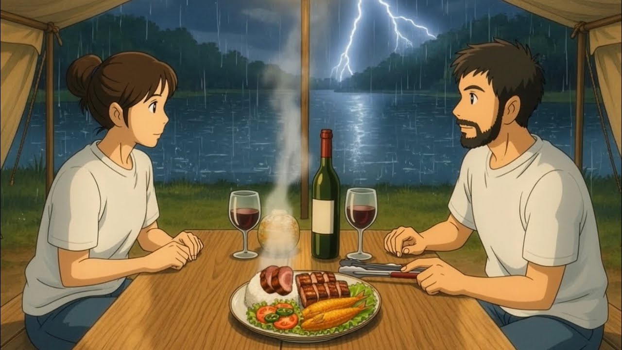 A rainy night feast by the lake side | Ghibli style ASMR