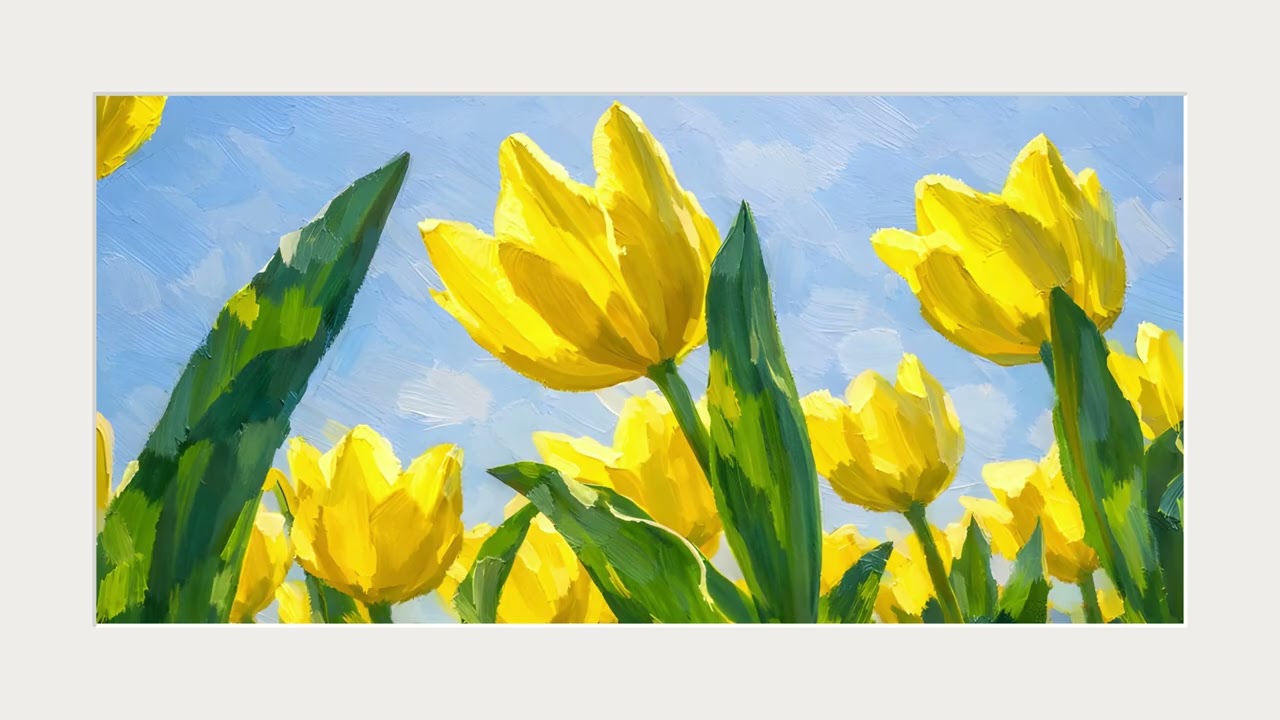 Luxury Tulip Wall Art (White frame) | Yellow Spring Flowers in 4K for Frame TV (2 Hours)
