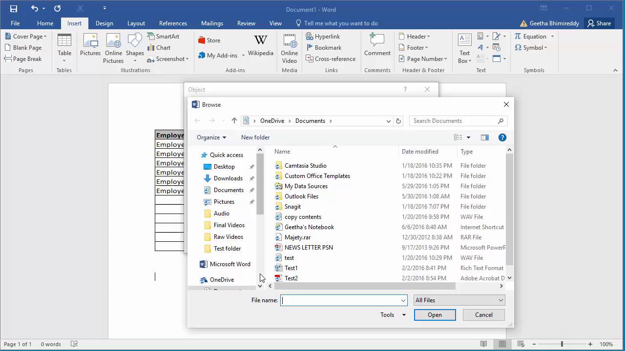 How to Insert an Object in to a document in Word 2016