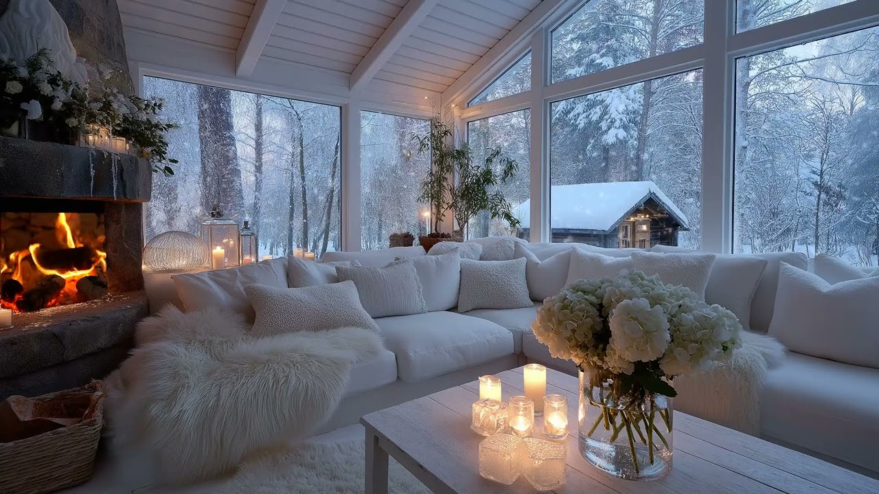 🔥🕯️Peaceful Fireplace Snow Piano | White Lounge with Candlelight (5 Hours) | Relax Unwind Study Calm