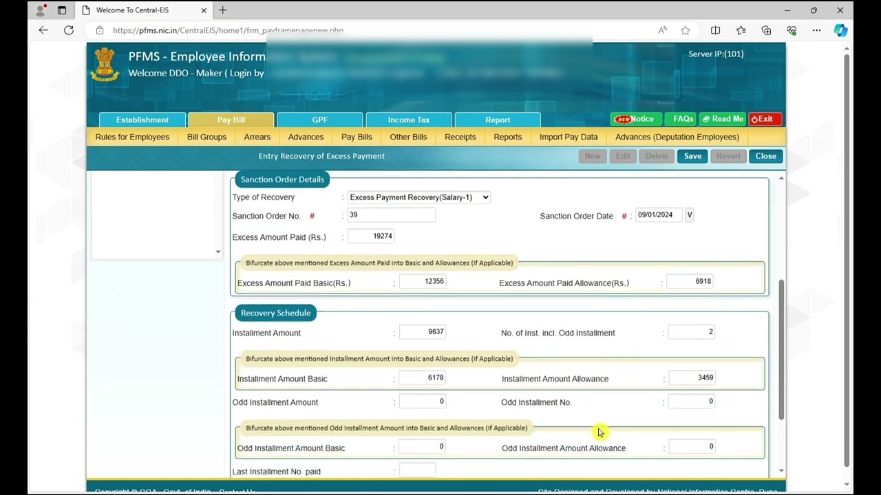 #PFMS EIS : Over Payment Recovery Entry in Salary bill