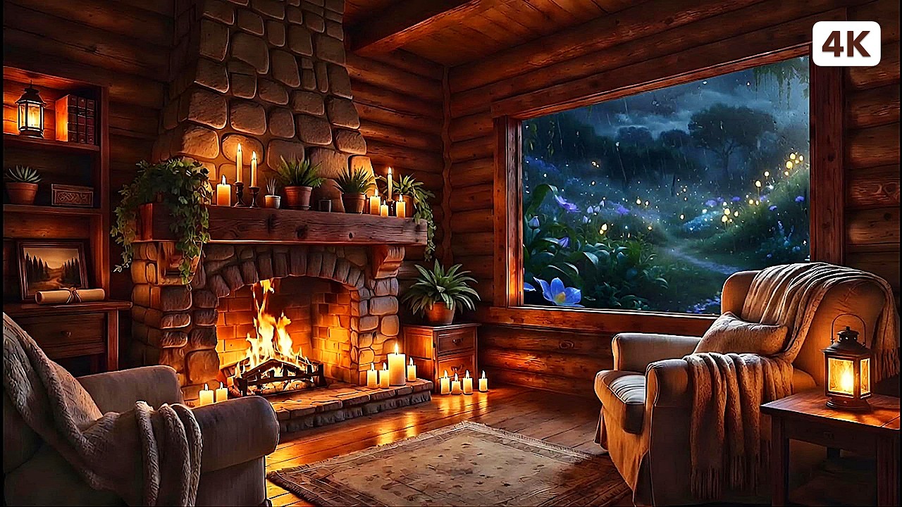 Rainy Log Cabin & Crackling Fireplace Ambiance | 4K Deep Sleep & Study